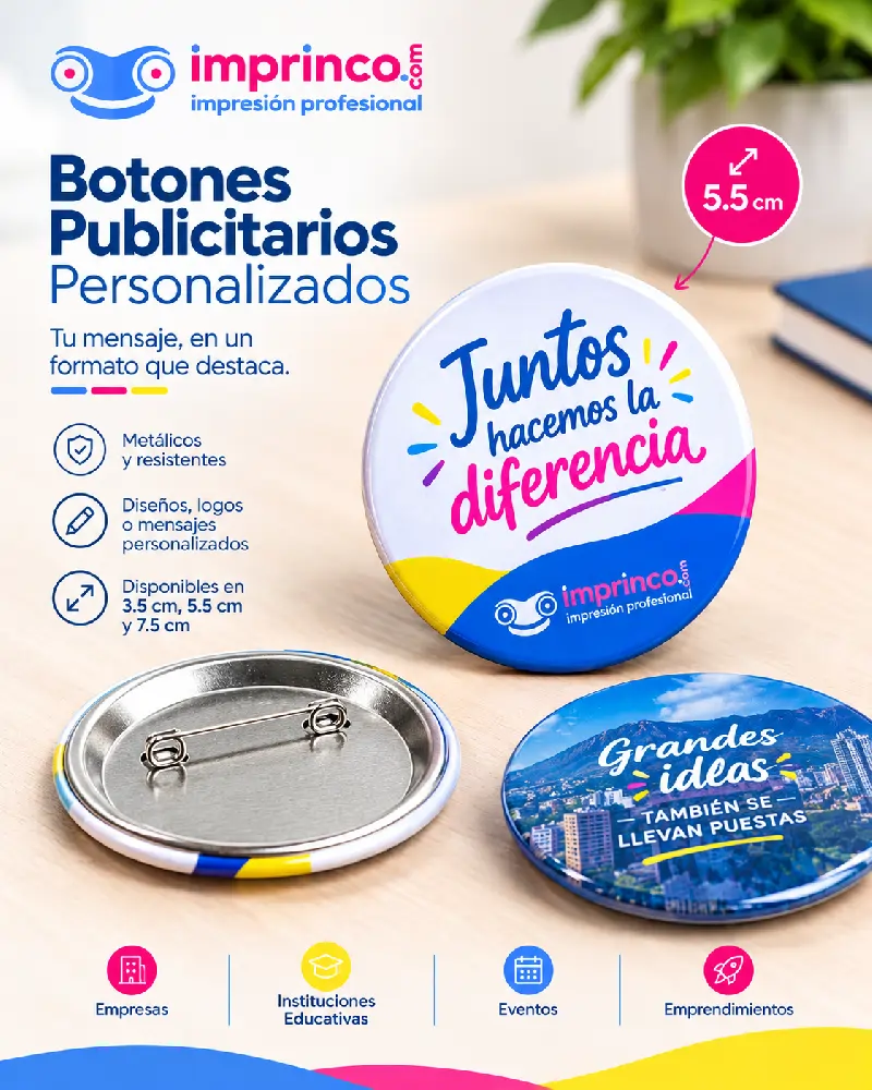 Impresión Digital y Personalizada 37 Botones Publicitarios Personalizados en Imprinco